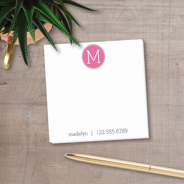 Hot Pink Monogram with name and contact number Post-it Notes (Add your monogram to these personalized post-it notes with social media contact info.)