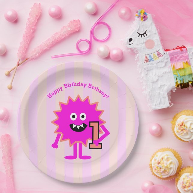 Hot Pink Monster Girl 1st Birthday Cute Paper Plate (Party)