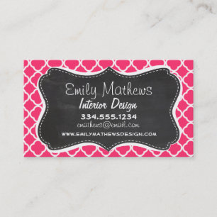 Hot Pink Moroccan Quatrefoil; Chalkboard look Business Card