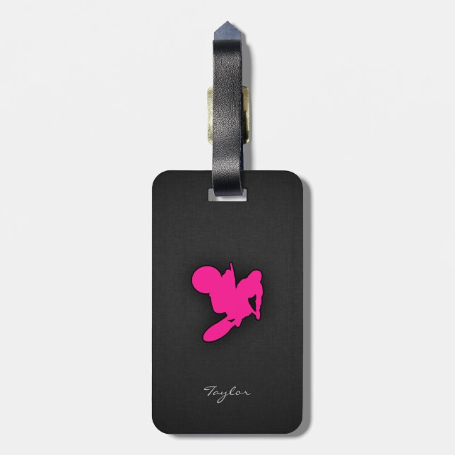 Hot Pink Motocross, dirt bike Luggage Tag (Back Vertical)