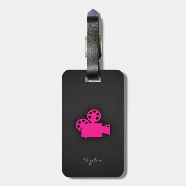 Hot Pink Movie Camera Luggage Tag (Back Vertical)
