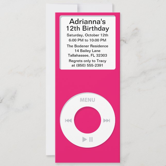 Hot Pink MP3 Player iParty Birthday Party Invitation (Front)