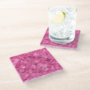 Hot Pink Multi-Texture Square Weave Pattern Glass Coaster
