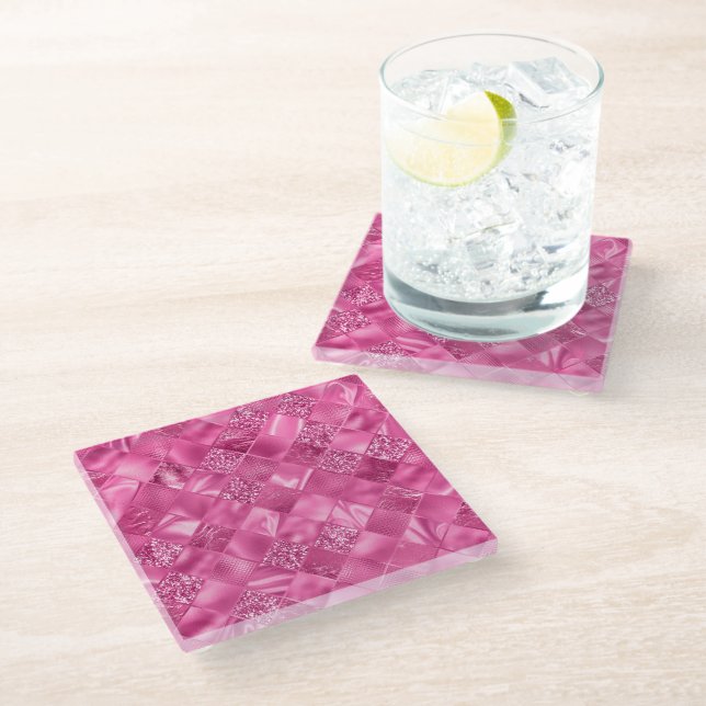 Hot Pink Multi-Texture Square Weave Pattern Glass Coaster (Angled)