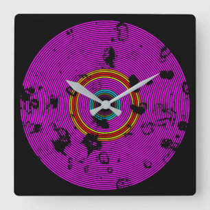 Hot Pink Multicolor Vinyl Disc Texture Pattern Square Wall Clock