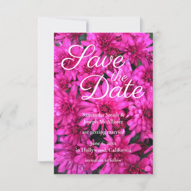 Hot Pink Mums Floral Photo Save the Date Invitation (Front)