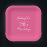 Hot Pink, Name, 18th Birthday Party Square  Paper Plate<br><div class="desc">A solid hot pink background decorates this unique and fun party paper plate. Although default says "18th Birthday", you can easily change the text for name, # of years, and event. Very feminine and girly! Square or round. Matching paper napkins available on zazzle at SocolikCardShop. All Rights Reserved © 2015...</div>