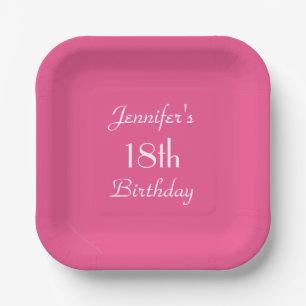 Hot Pink, Name, 18th Birthday Party Square Paper Plate