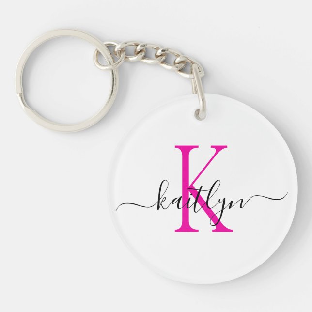 Hot Pink Name Initial Monogram Key Ring (Front)