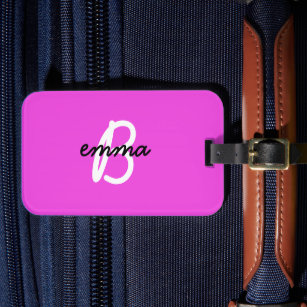 Hot Pink Name   Modern Initial Monogram Neon Luggage Tag