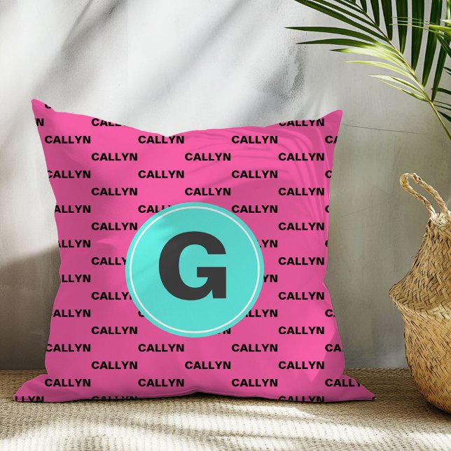 Hot pink name pattern monogram throw pillow (Creator Uploaded)