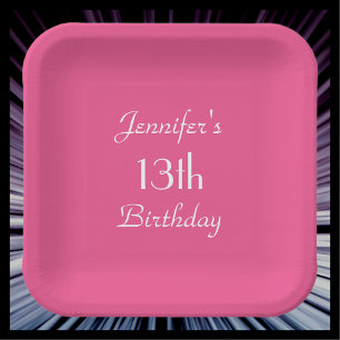 Hot Pink, Name Square round 13th Birthday Party Paper Plate