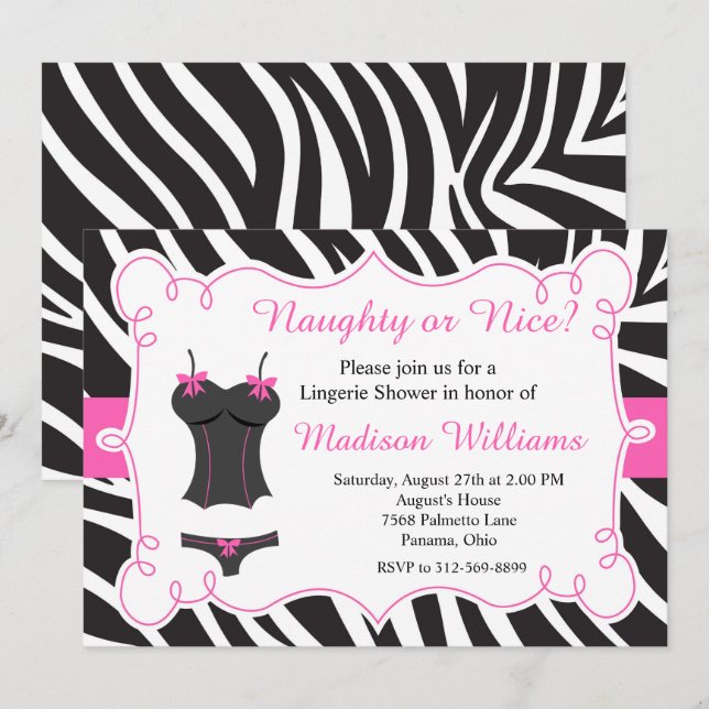 Hot Pink Naughty or Nice Lingerie Bridal Shower Invitation (Front/Back)