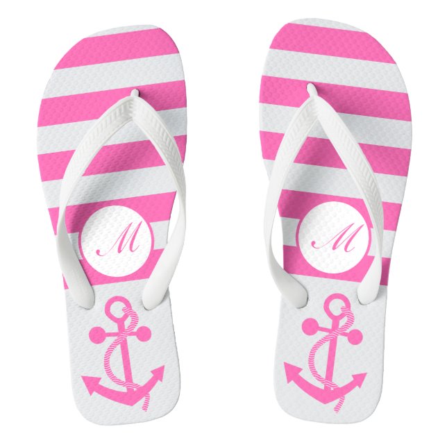 Hot Pink Nautical Anchor with Stripes and Monogram Flip Flops (Footbed)