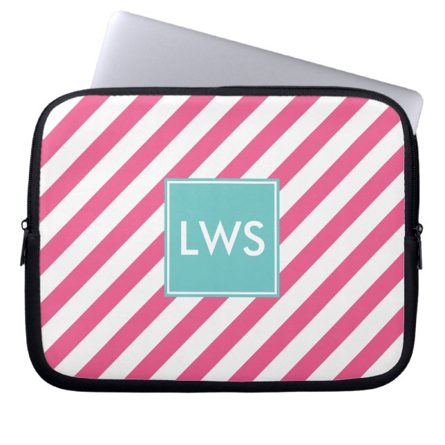 Hot Pink Nautical Stripes Monogram Laptop Sleeve (Front)