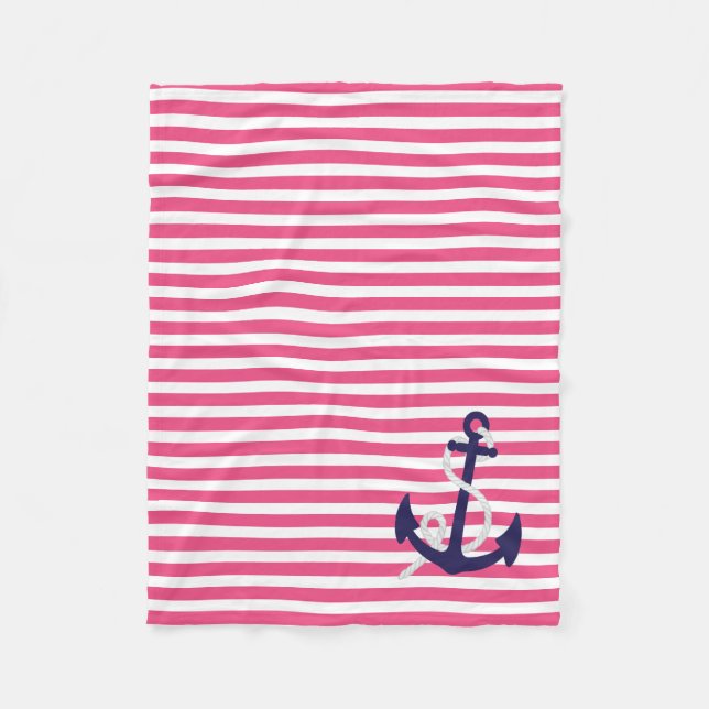 Hot Pink Nautical Stripes with Navy Blue Anchor Fleece Blanket (Front)