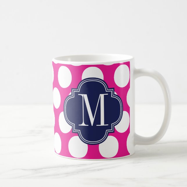 Hot Pink & Navy Big Polka Dots Monogrammed Coffee Mug (Right)