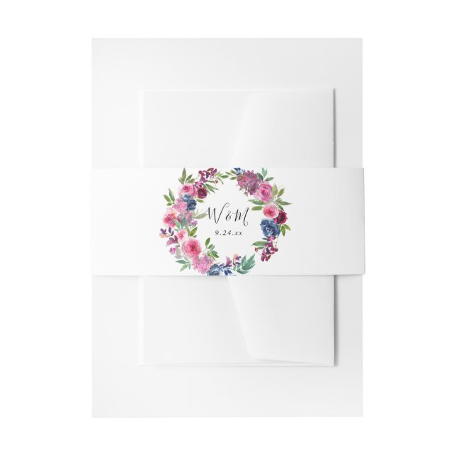 Hot Pink & Navy Blue Floral 4 Invitation Belly Band (Front Example)