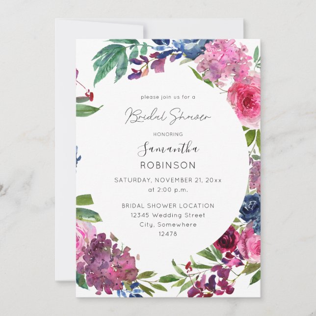 Hot Pink & Navy Blue Floral Bridal Shower Invitation (Front)