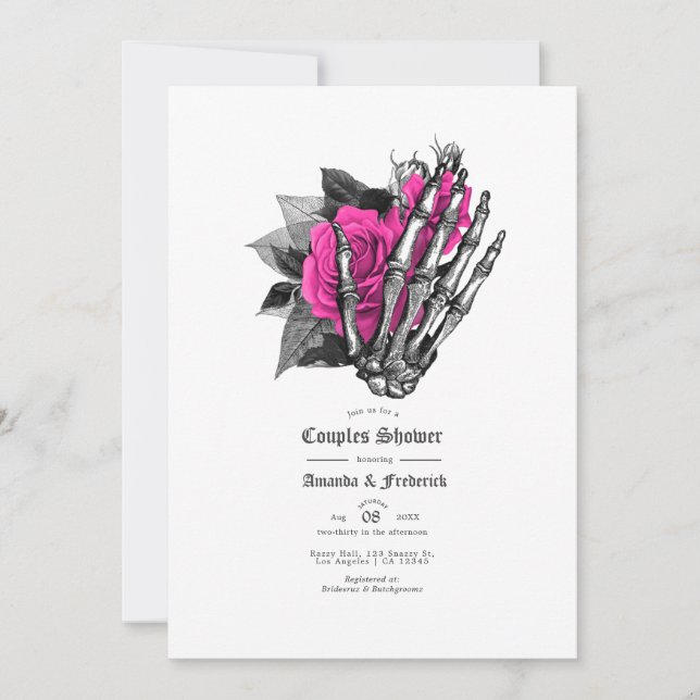 Hot-Pink & Navy Blue Floral Gothic Couples Shower Invitation (Front)