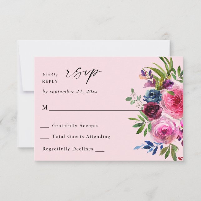 Hot Pink & Navy Blue Floral no Meal V3 Pink RSVP Card (Front)