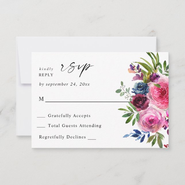 Hot Pink & Navy Blue Floral no Meal V3 RSVP Card (Front)