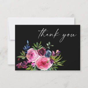 Hot Pink & Navy Blue Floral Thank You Card V3 Blac