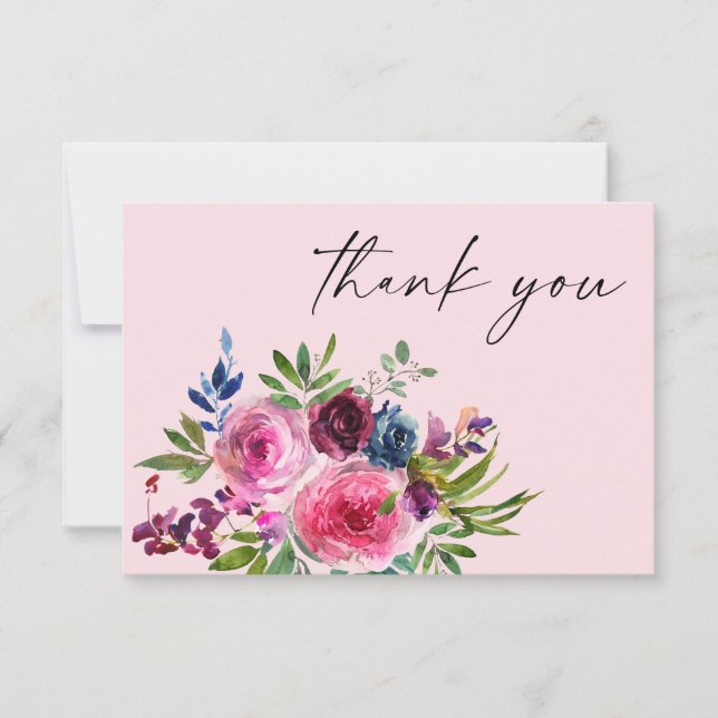 Hot Pink & Navy Blue Floral Thank You Card V3 Pink (Front)