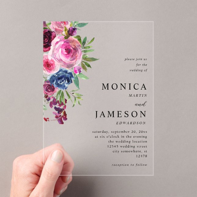 Hot Pink & Navy Blue Floral Wedding 3 Acrylic Invitations (Insitu (Handheld))