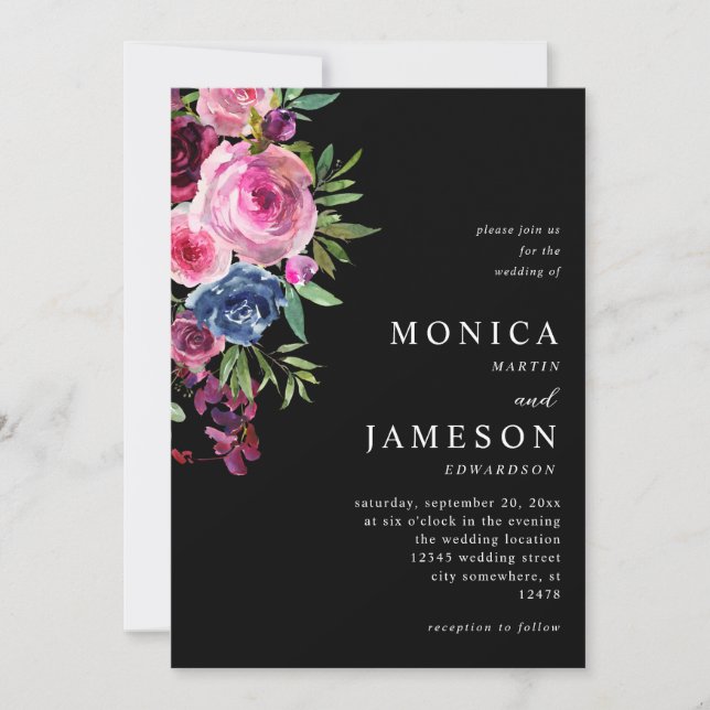 Hot Pink & Navy Blue Floral Wedding Invitation 3 B (Front)