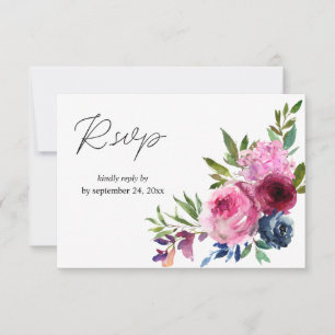 Hot Pink & Navy Blue Floral with Meal RSVP Card