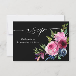 Hot Pink & Navy Blue Floral with Meal V3 Black RSVP Card