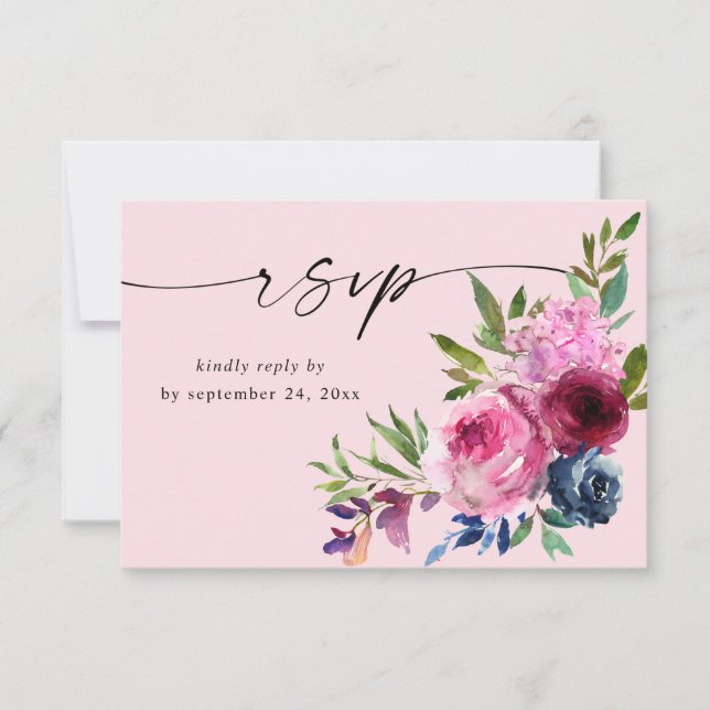 Hot Pink & Navy Blue Floral with Meal V3 Pink RSVP Card (Front)