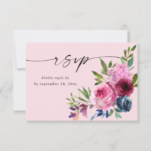 Hot Pink & Navy Blue Floral with Meal V3 Pink RSVP Card