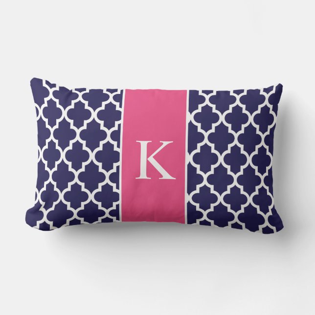 Hot Pink Navy Blue Moroccan Custom Monogram Lumbar Cushion (Front)