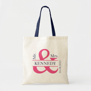 Hot Pink Navy Blue Newly Weds Wedding Favour Tote Bag