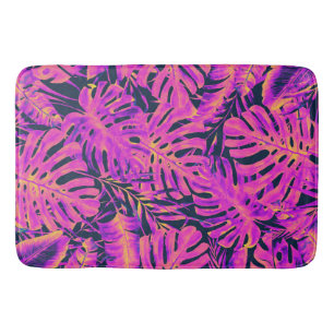 Hot Pink & Navy Blue Tropical Palm Leaves Island   Bath Mat