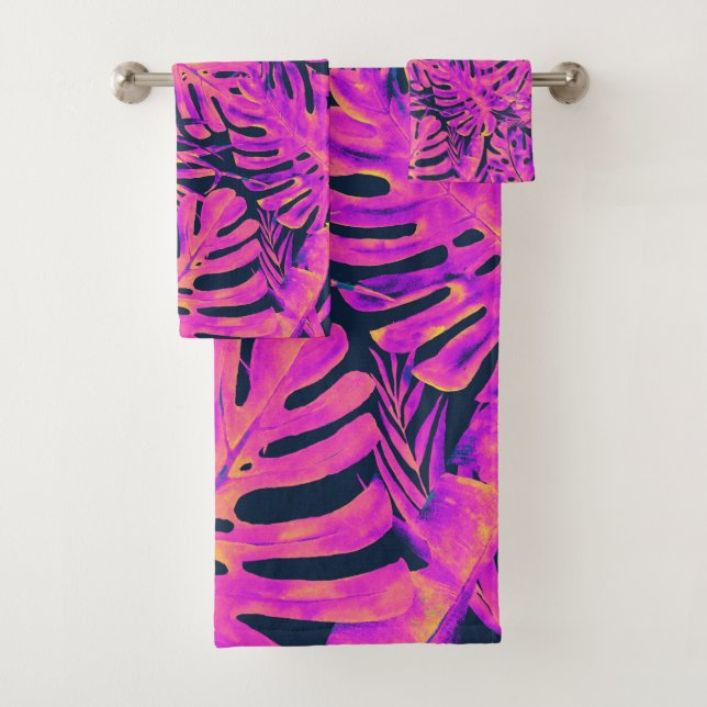 Hot Pink & Navy Blue Tropical Palm Leaves Island  Bath Towel Set (Insitu)