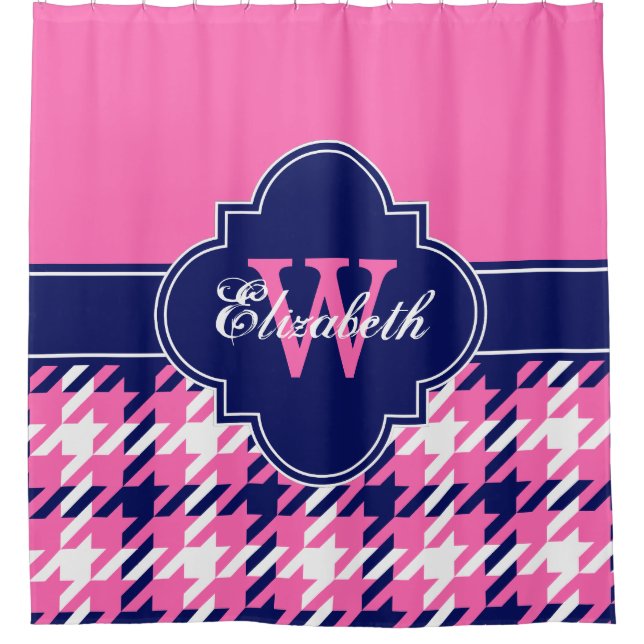 Hot Pink Navy Blue Wht 1I CB Ribbon Name Shower Curtain (Front)