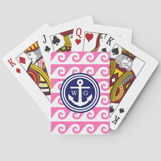 Hot Pink Navy Blue Wht Anchor Greek Key Waves Playing Cards (Back)