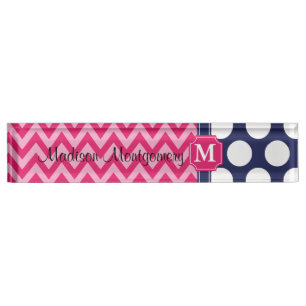 Hot Pink & Navy Chevron Zigzag Polka Dots Monogram Nameplate