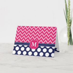 Hot Pink & Navy Chevron Zigzag Polka Dots Monogram Note Card