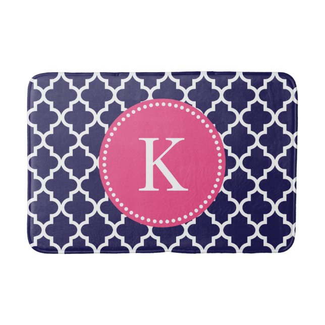 Hot Pink Navy Custom Monogram Quatrefoil Pattern Bath Mat (Front)