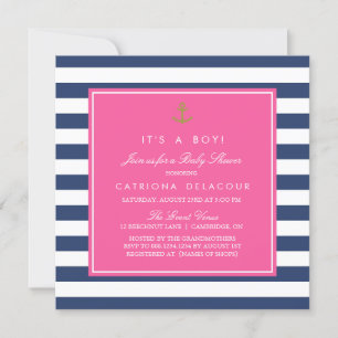 Hot Pink & Navy Nautical Baby Shower Invitation