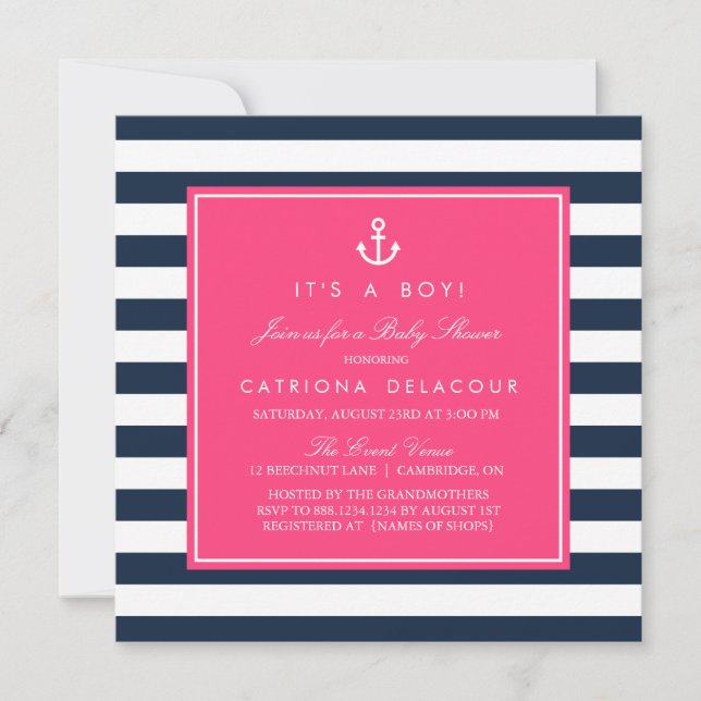 Hot Pink & Navy Nautical Baby Shower Invitation (Front)