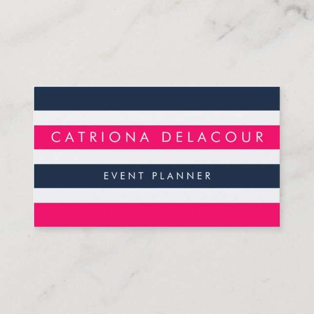 Hot Pink & Navy Stripes Modern Business Cards (Back)