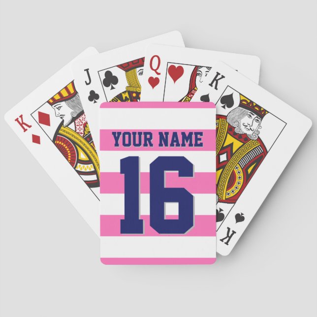 Hot Pink Navy Team Jersey Preppy Stripe Playing Cards (Back)