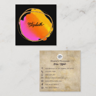 Hot-Pink Neon and Faux Gold Glitter Square Business Card