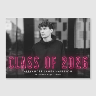 Hot Pink Neon Class of 2022 Photo Graduation Magnetic Invitation