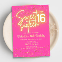 Hot Pink Neon Glow Gold Glitter Sweet 16 Birthday